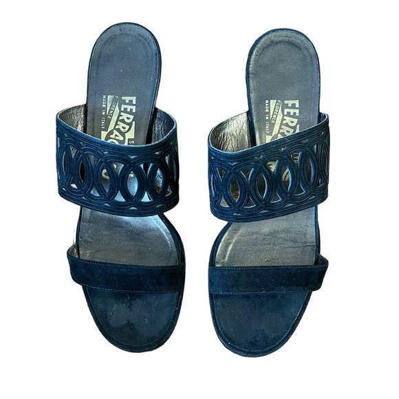 FERRAGAMO Black suede double strap slide on sandals Size 7 - Picture 3 of 8